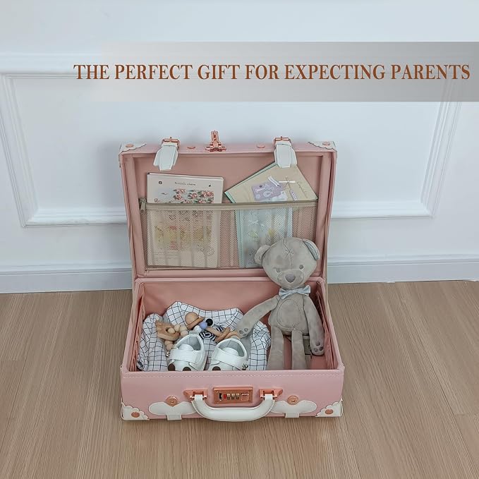 Unitravel Baby Keepsake Case, 16" Handmade Memory Storage Box, Newborn Keepsake Box, Vintage Suitcase for Baby Shower, Baptism, Naming Ceremony or Birthday (Pink) - Image 3