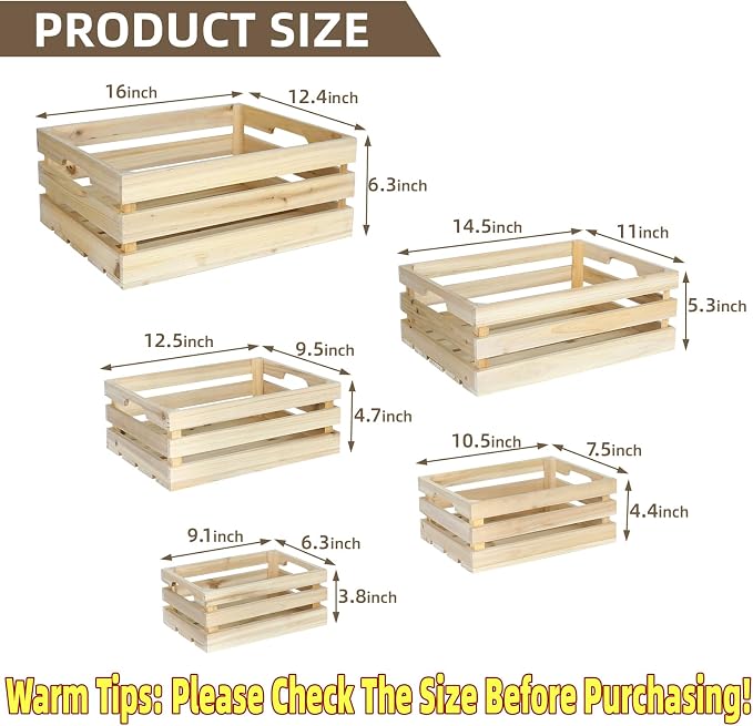 Wooden Crates, Unfinished Set of 5 Large Wood Crates with Handles, Rustic Farmhouse Wooden Crate for Decor, Wedding Birthday Home Party Living Room Kitchen Decoration - Image 2