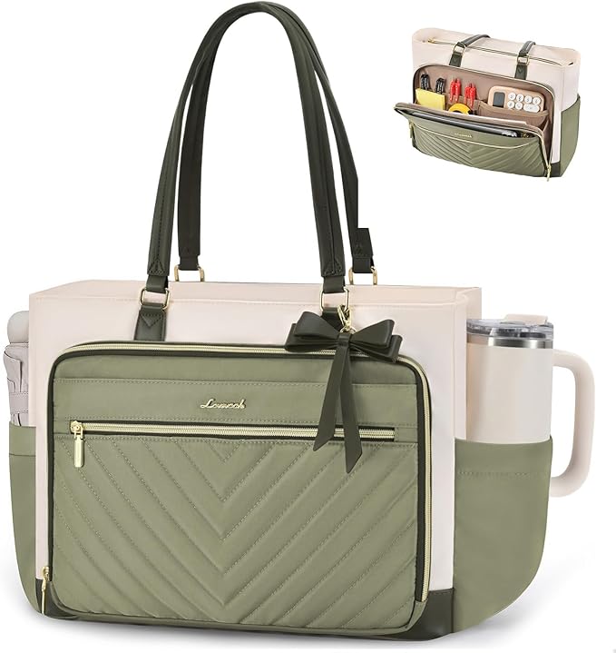 LOVEVOOK Laptop Tote Bag for Women, Work Bag for Teacher with Large Cup Holder, Quilted Nurse Diaper Bag for Travel, Computer Women's handbags for Teacher gift, 15.6 Inch by LOVEVOOK