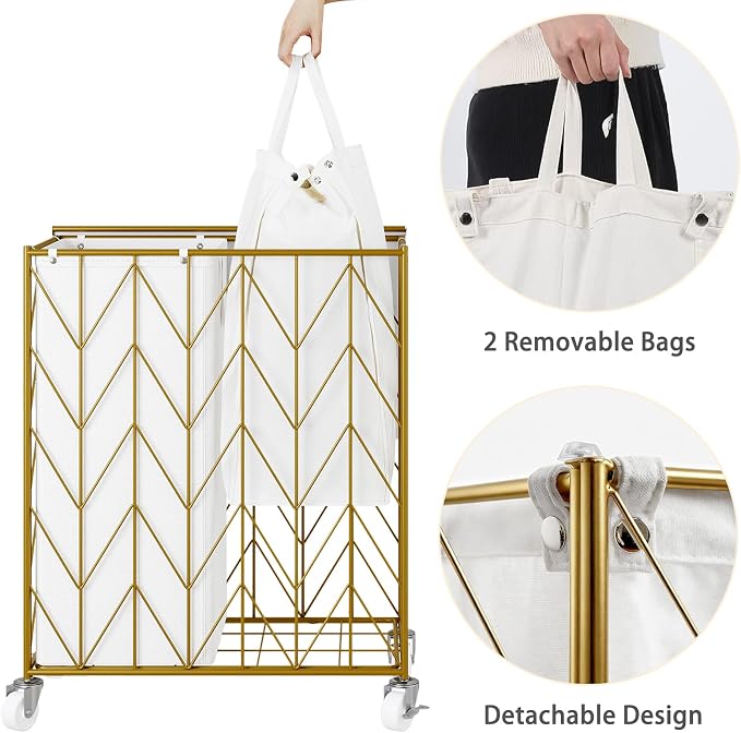 WOWLIVE Double Laundry Hamper with Lid, Rolling Laundry Basket with Wheels | Rolling Wire Clothes Hamper with Divided Removable Bags, Heavy Duty Large Iron-Made Laundry Sorter Laundry Room Organization - Image 5