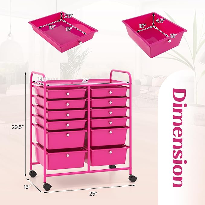12 Drawer Rolling Storage Cart, Craft Cart Organizer on Wheels w/Metal Frame, Large Capacity & Smooth Drawer, Rolling Cart w/Drawers for Classroom, Office - Image 3