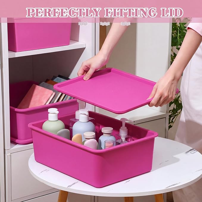 4 Pcs Storage Bins with Lids, Dark Pink, Light Pink, Large | Plastic Stackable Organizing Containers, Heavy Duty Storage Boxes for Classroom Room Shelves, Christmas Ornaments Baskets - Image 5