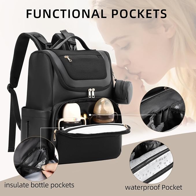 Large Leather Diaper Bag Backpack, Baby Travel Bag with Changing Pad, Insulated Pockets, Stroller Straps and Pacifier Case, Water-Resistant Diaper Bag for Mom and Dad, Black - Image 7