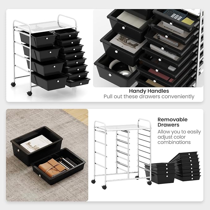 12 Drawer Rolling Storage Cart, Rolling Cart with Drawers for Classroom, Art Supply Craft Organizer on Wheel with Metal Frame & Handles for Home Office School (Black, 12 Drawer Left-Right) - Image 4