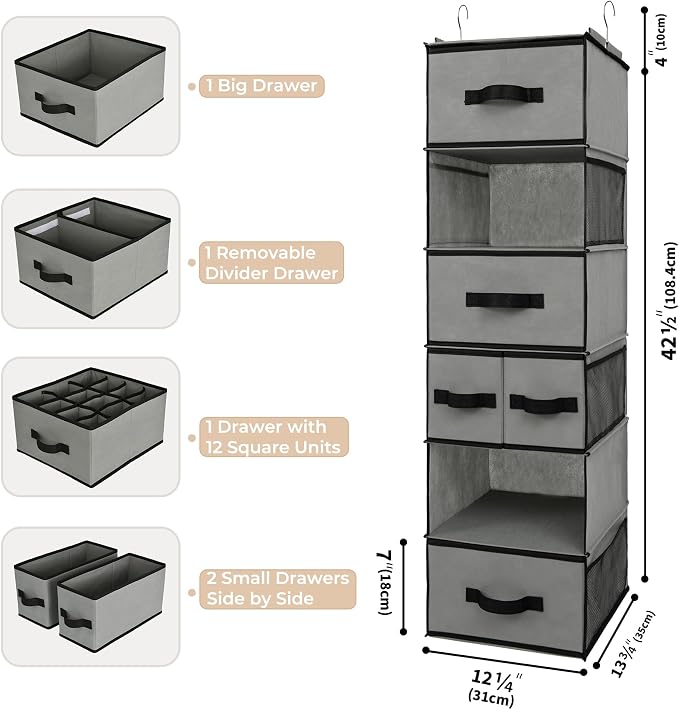GRANNY SAYS Hanging Closet Organizer, 5 Drawers, 6 Shelves, 6 Pockets, Gray | Hanging Closet Organizer with 5 Different Drawer Designs, 6 Shelves & Reinforced Structure for Organized Small Spaces - Image 3
