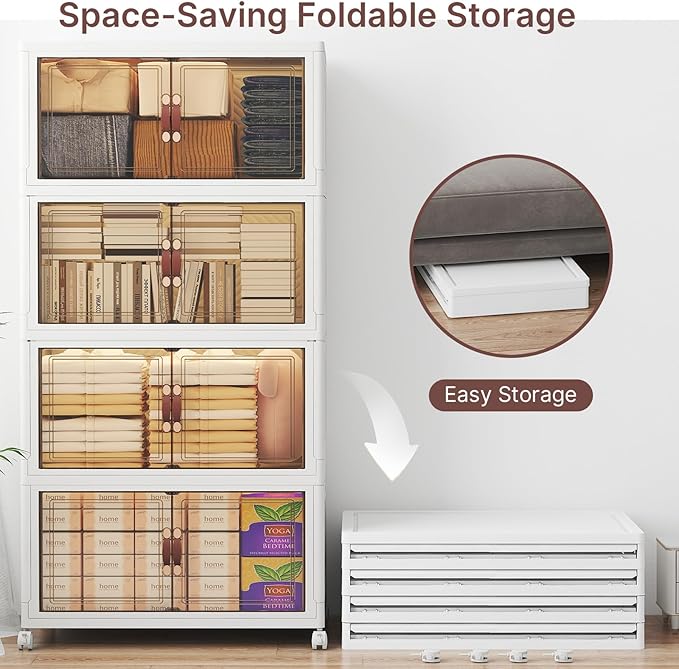 Stackable Storage Bins with Lids, 480QT Lockable Storage Cabinet | Folding Storage Box with Doors and Wheels, Collapsible Plastic Drawers for Home, Garage, Office - Image 3