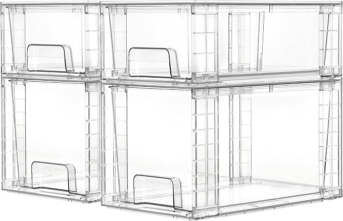 Vtopmart Clear Stackable Storage Drawers, 4 Pack Kitchen Cabinet Set | Medium and Small Pull-Out PET Drawers with Stackable Design for Kitchen Cabinets, Pantry, Under Sink, Medicine by Vtopmart