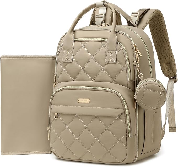 Large Diaper Bag Backpack with Changing Pad & Pacifier Case, Khaki | Multi-functional lightweight waterproof maternity & toddler travel backpack. Insulated, wet/dry pocket & stroller straps by Unknown