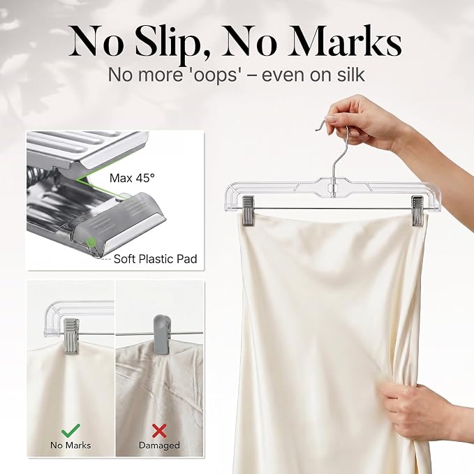 HOUSE DAY Clear Pants Hangers with Clips 12 Pack, Plastic Skirt Hangers for Women, 14 Inch Clip Hanger for Pants, Skirts, Jeans, Shorts, Legging, with 360-degree Swivel Hook, 2 Adjustable Clips - Image 3