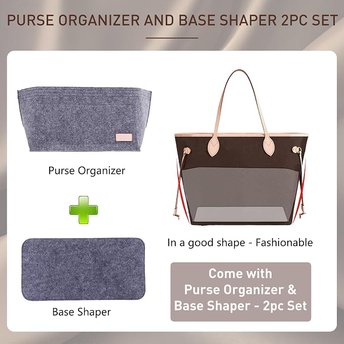 Purse Organizer Insert for Handbags & Base Shaper 2pc Set, Felt Neverfull MM Organizer Insert, Tote Bag Organizer with Zipper Pocket and Bottle Holder, Fit Speedy 30 Neverfull MM and More,Gray-L - Image 3