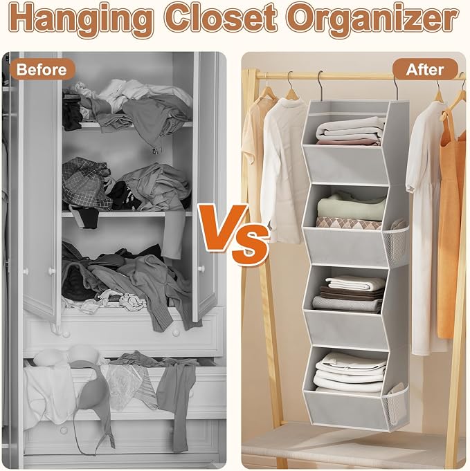 Hanging Closet Organizer 4 Shelf Collapsible Bedroom Closet Organizers and Storage Hanging with Mesh Pockets for Clothes, Fabric Hanging Storage Bins for Wardrobe Closet Organization and Storage, Grey - Image 5