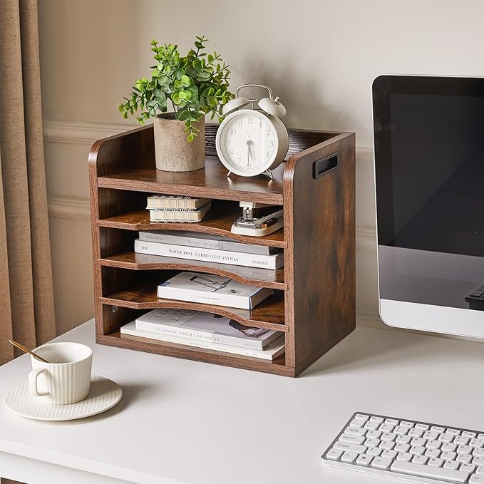 YMYNY Desktop File Organizer with Handle, Document Letter Mail Tray Sorter with 3 Adjustable Shelves, 5 Tiers Paper Holder for School Home Office Desk, Rustic Brown,13.4 * 12.4 * 9.06" UHBC006H - Image 2
