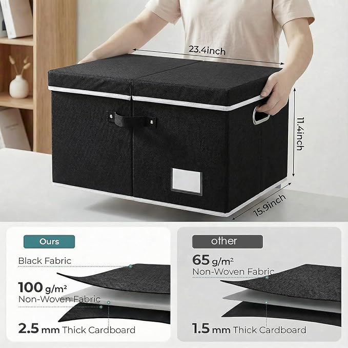 Storage Boxes with Lids [3-Pack] Fabric Collapsible Storage Bins Organizer Containers Baskets Cube with Cover for Home Bedroom Closet Office Nursery Black（23.4X15.9X11.5 - Image 2