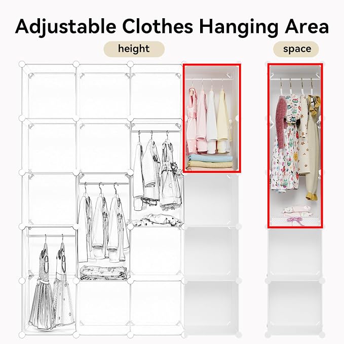 Modular Baby Wardrobe Closet, Portable Children Organizers and Storage for Nursery,15 Cubes with Hanging Rods,Multi-Functional Kids Storage Shelf-Bedroom Clothes Armoire (Boys & Girls) - Image 8