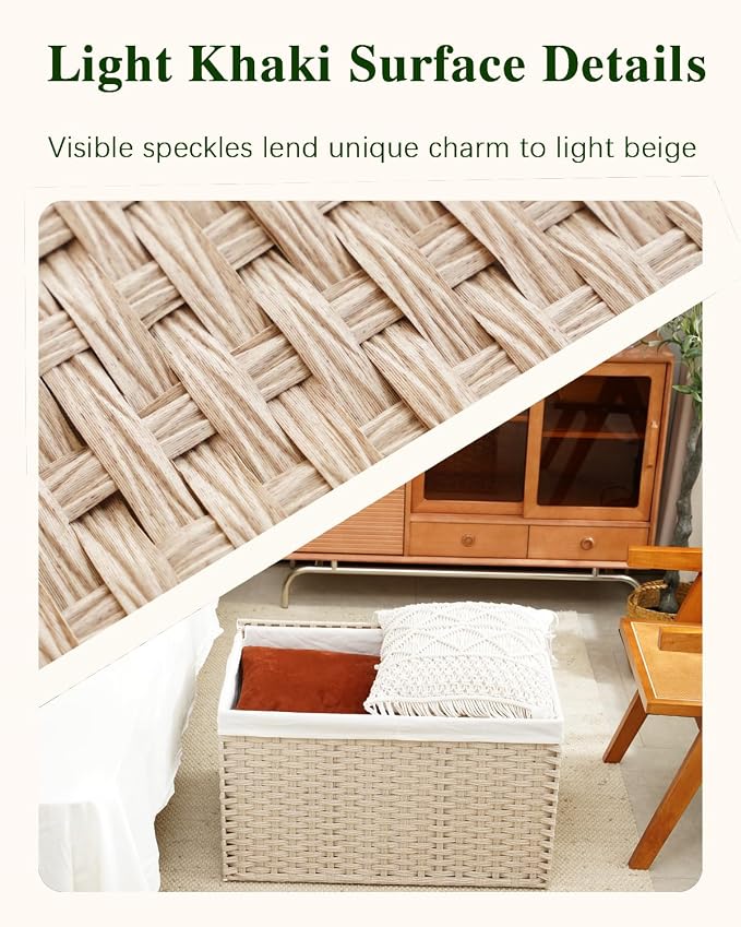 SETVSON Storage Basket with Lid 160L Wicker Baskets Storage Light Khaki | Divided Clothes Organizer,42.3 Gallon Dual Lid Jumbo Blanket Storage Trunk, 2 Washable Liner Bags, Collapsible PE Rattan Bin - Image 7