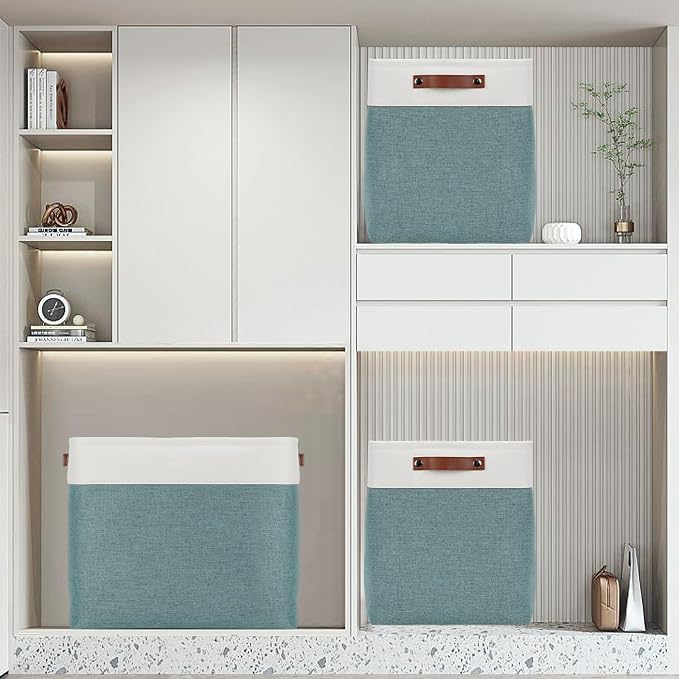 DULLEMELO Large Rectangular Baskets for Blankets 51L Canvas Storage Baskets for Organizing 3 Pack Collapsible Baskets Bins for Organizing Home Office with Handles (White&Deep Green) - Image 5