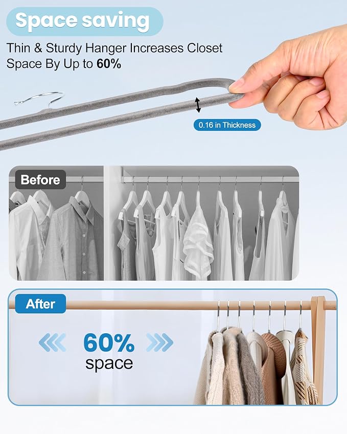 Velvet Hangers Non Slip - 20 Pack Pants Hangers for Grey Felt Hangers | Thin Space Saving Clothes Hanger - Strong, Durable, Jean Perchas with 360 Degree Rotatable Hook for Tank Top ﻿ - Image 2