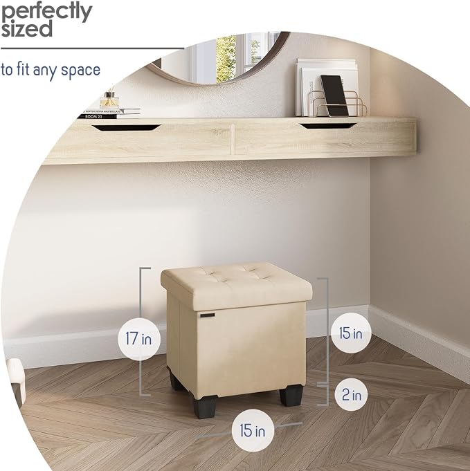 Storage Ottoman Cube with Small Bin, 15-in Square Ottoman with Storage for Living Room and Bedroom, Small Ottomans Foot Rest, Velvet Foot Stools Ottomans Max 330lbs, Beige - Image 9