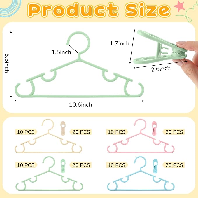 Hsei Baby Hanger with Clip for Pant,120 Packs Total,Macaron Color,10.6 Inch | 40 Kids Plastic Hanger with 80 Clips for Newborn, Nursery, Daycare, Preschool, Closet, Wardrobe Organizer for Baby Shower - Image 2