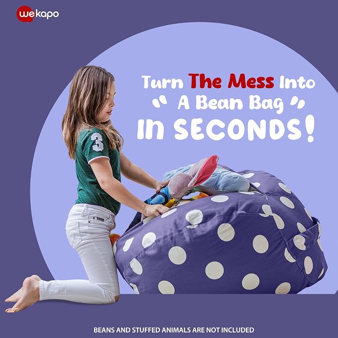 WEKAPO Stuffed Animal Storage Bean Bag Chair Cover for Kids | Stuffable Zipper Beanbag for Organizing Children Plush Toys Large Premium Cotton Canvas (Navy Dot, X-Large) - Image 3