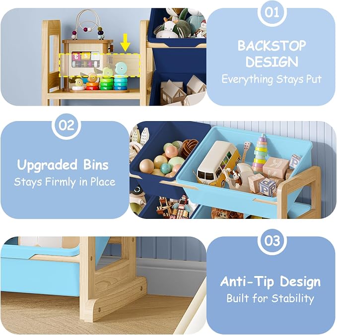 EXPERLAM Toy Storage Organizer, Toy Storage Shelf with 3 Shelves and 16 Storage Bins (12 Small + 4 Large), 3-in-1 Kids Bookshelf for Kids Rooms, Playroom, Nursery, Blue - Image 4