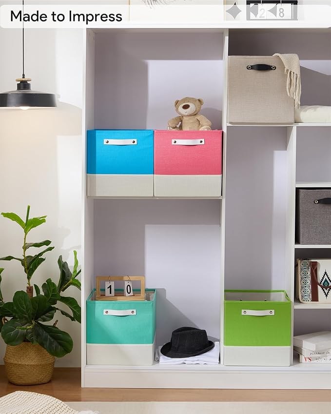 Cube Storage Bins | 11.8"x11.8"x9.8", Macaron & White, 6 Pack | Multi-Size | 2X Thick Support Board | Vegan Leather Handles | 7.7 oz/yd² Fabric | 12"x12" Drawer Insert Basket - Image 7