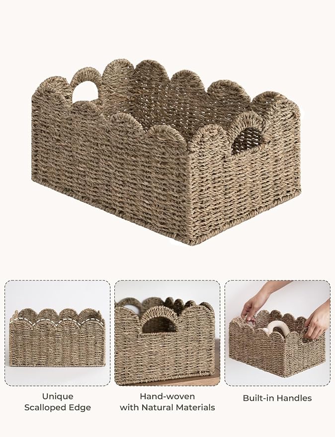 StorageWorks Scalloped Wicker Basket, Woven Baskets for Storage, Seagrass | Woven Baskets for Storage, Wicker Storage Baskets for Shelves, Large Wicker Basket, Shelf Basket with Handles, 2 Pack - Image 4