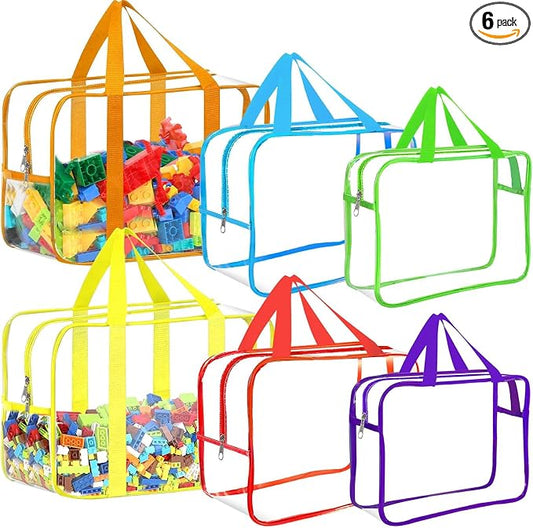 6 Color Toy Storage Bags with Labels, Reusable Clear PVC Board Game Storage, Travel Waterproof Organizer Bags with Zipper Large Capacity (L, XL, XXL) by OPELETNNT
