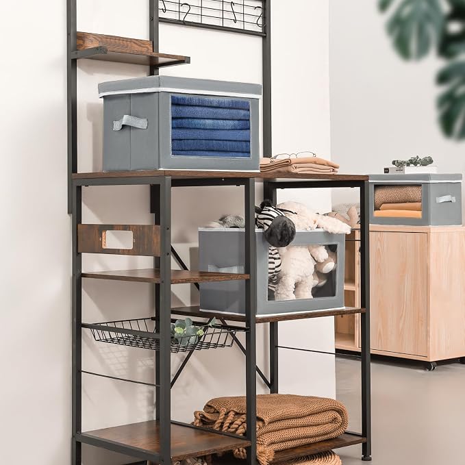 Stackable Storage Bins with Lids - Medium Storage Box with Lids, Foldable Closet Boxes for Organizing, Wardrobe Clothes Organizer with Window, Cubes Bins for Living Room, 5 Pack, Grey - Image 4