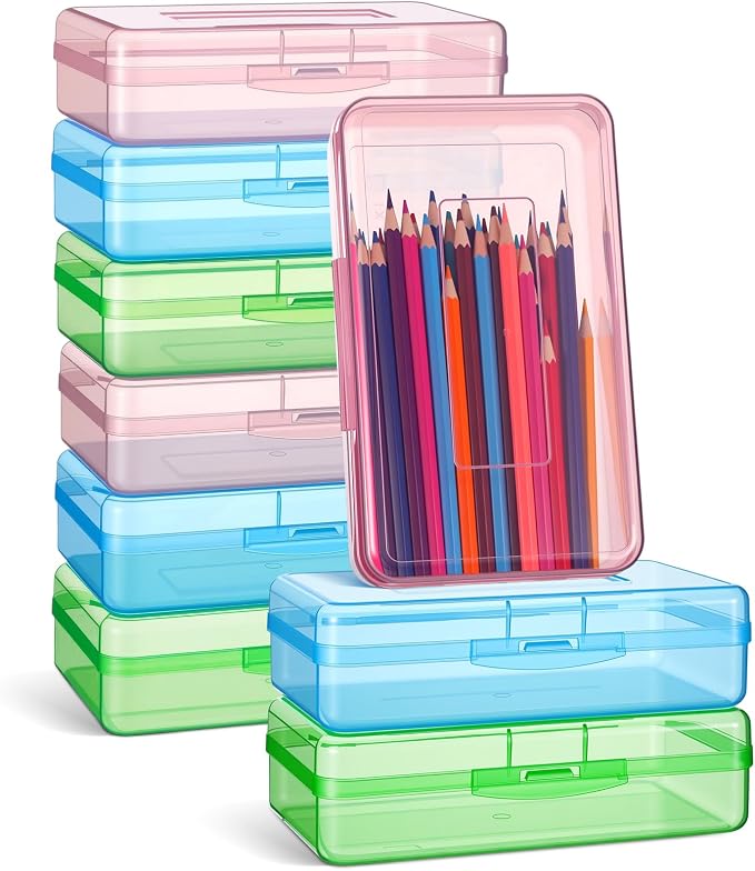 Fainne 24 Pack Clear Plastic Pencil Box,Light Pink, Light Blue,Mint Green | Stackable Organizer for School Supplies, Large Case for Crayons Markers, Snap-lid Keeps Stationery Secure, Bulk Set by Fainne