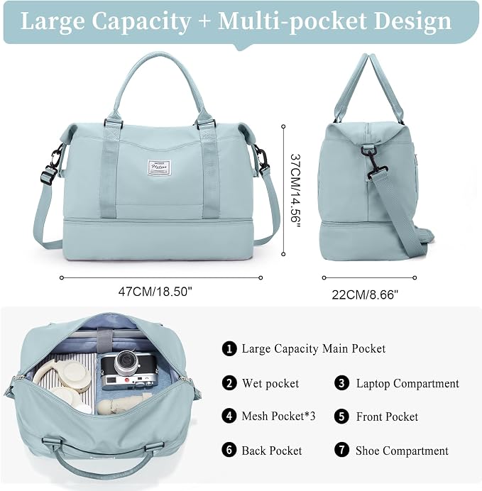 Weekender Bags for Women,Overnight Travel Duffel Bag with Shoes Compartment | Personal Item Travel Bag, Airplane Friendly Carry-On Bag with Toiletry Bag & Wet Pocket & Trolley Sleeve - Image 4