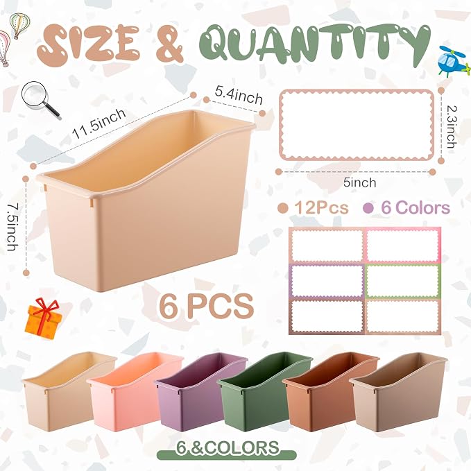 Geetery 6 Pcs Book Bin for Classroom with Labels Stackable Plastic Organizing Bins 11.5 x 5.4 x 7.5 in Book Holders Storage Bins Box Baskets for Classroom Library Home (Terrazzo Color) - Image 2