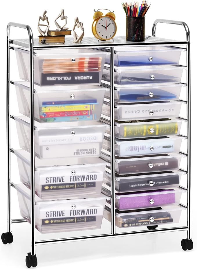 COSTWAY 15 Drawer Rolling Storage Cart, Mobile Storage Organizer | Removable Drawers & Metal Frame, Multipurpose Utility Tools Paper Organizer on Wheels for Home, Office (Transparent) by COSTWAY