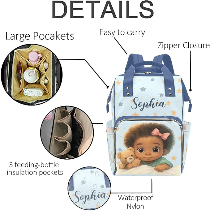 Custom Name Diaper Bag Backpack – Africa Girl with Star Personalized Baby Nappy Bag with Insulated Bottle Holders – Waterproof Large Capacity Travel Backpack Gift for Parents - Image 5