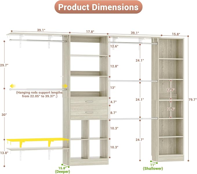 Besiost Closet System - 9.4FT/112" Closet Organizer System with Wooden Drawers,Closet Systems for Walk-In Closets with Hang Rods and Open Cabinet, Greige Oak - Image 7