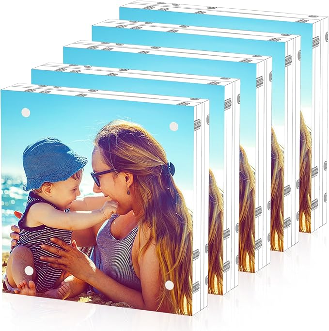 HELPLEX Acrylic Frame, 5 Pack 5x5 Acrylic Picture Frames, 20mm Thicker Frameless Clear Double Sided Magnetic Frame, Free Standing Desktop Display by HELPLEX