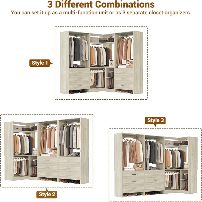 Aheaplus Closet System with 6 Drawers, 4 Hanging Rods & Corner Tower, Corner Closet System with Hanging,80.9" L-Shaped Walk-In Wardrobe Organizer, 2000+ lbs Capacity, Set of 3, White Oak - Image 4