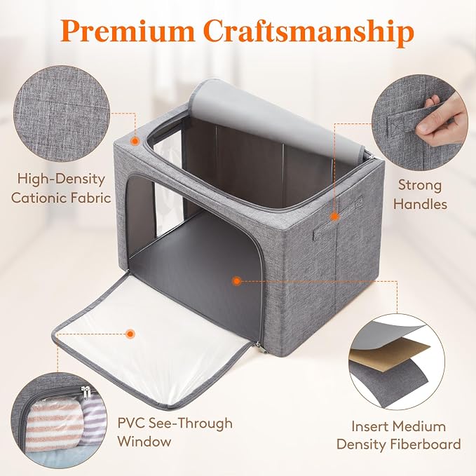 Lifewit Clothes Storage Bins with Metal Frame, Stackable Storage Box, Foldable Clothing Storage Bins with Lids, 100L Storage Bags Fabric Box Organizer with Clear Window＆ Zippers＆ Sturdy Handles 3 Pack - Image 3