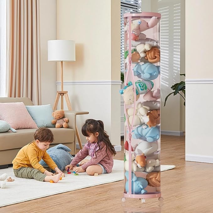 Upgraded Stuffed Animal Storage Tube,Tall (150cm) Plush Organizer with 4 Wheels, PET Clear Bucket & Double Zipper, Space-Saving Toy Storage for Kids Room, Tidy Zoo Bin for Stuffed Animals (Pink) - Image 4