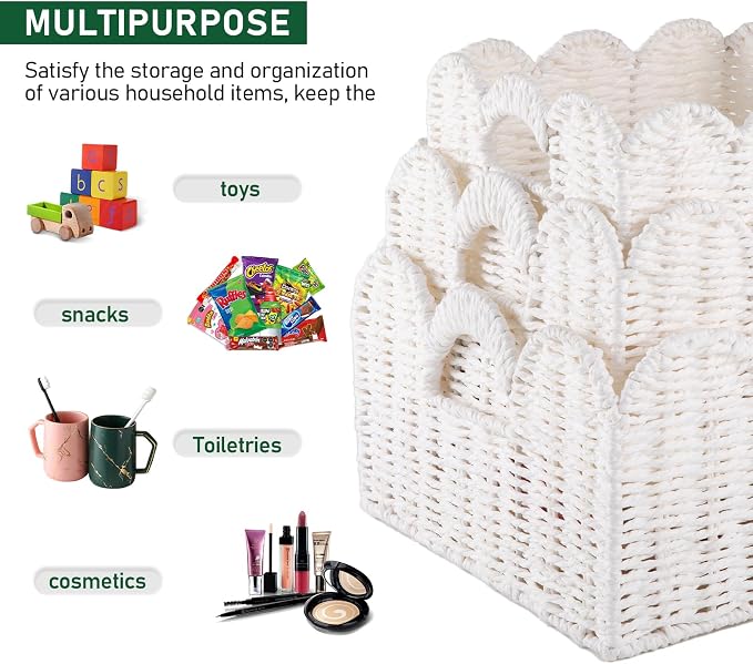 OIAHOMY Scalloped Wicker Baskets, Hand-woven Storage Baskets with Built-in Handles, Paper Rope Shelf Baskets for Organizing and Decoration, Set of 3-White - Image 4