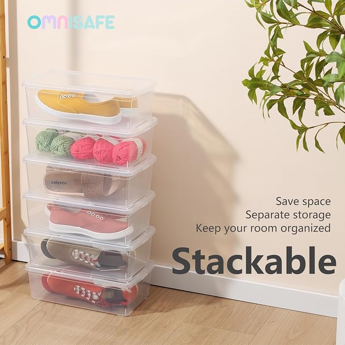 Stackable Plastic Storage Shoebox, BPA-Free Nestable Container with Latching Lid to Organize Shoes, See-Through Box for Home and Office, Multi-Purpose Storage Case, Clear Bins (6 Pack 6 Quart) - Image 3