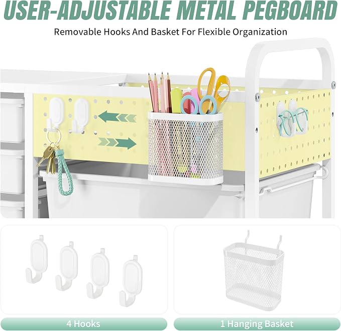 14 Drawer Rolling Storage Cart with Tabletop and Pegboard for Crafts Green | Easy Setup, Large Capacity, Sturdy Build, Smooth Mobility, For classroom, office and dorm supplies - Image 5