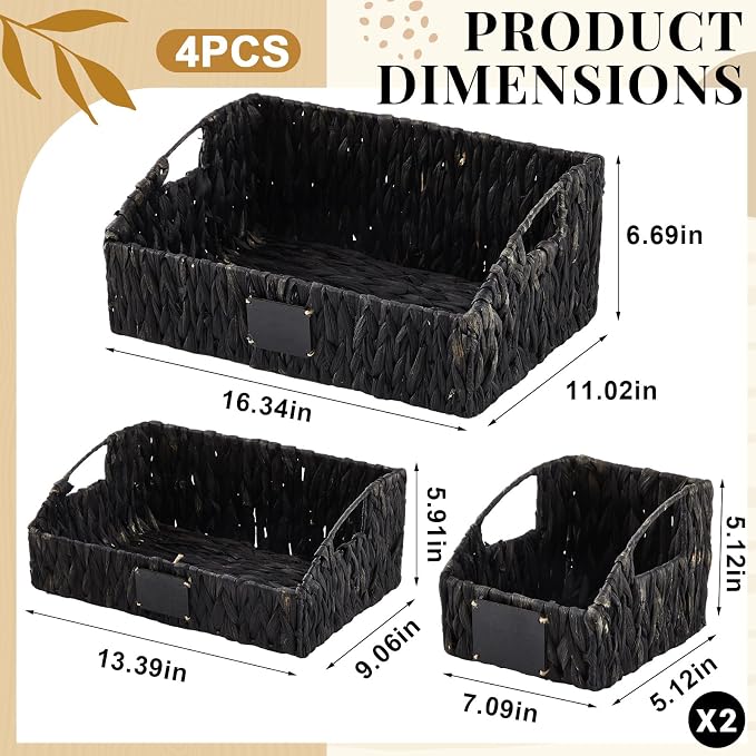 4 Pcs Water Hyacinth Storage Basket Set Boho Wicker Rattan Pantry Basket with Chalkboard Label Handles Woven Container Kitchen Laundry Large Small for Shelf Food Home Bathroom Decor(Black) - Image 2