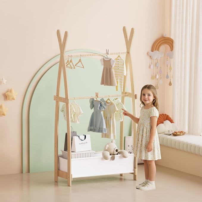 NACHES Tall Kids Clothing Rack with Double Hanging Rods Wooden Garment Rack for Toddler Baby Wardrobe Closet Compact Dress Up Storage Organizer for Girl Costume Princess Coat Bedroom Playroom Nursery by NacheskidsFurniture