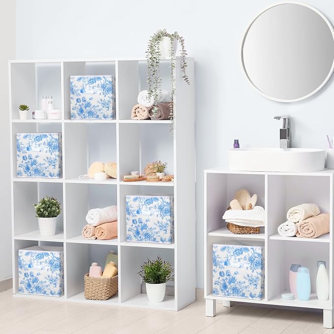 6 Pcs Blue Floral Cube Storage Bins 11 Inch Storage Basket | Blue Flower Cube with Handle, Preppy Girls Organizer Basket, Collapsible Fabric Box for Classroom Bedrooms Office Home Gift - Image 5