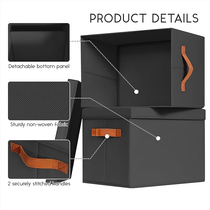 Storage Bins with Lids - Large Fabric Closet Bins with Lid, 5 Pack Clothes Organizers and Storage, Collapsible Stackable Cube Basket for Home, Office, Dorm, Black - Image 4