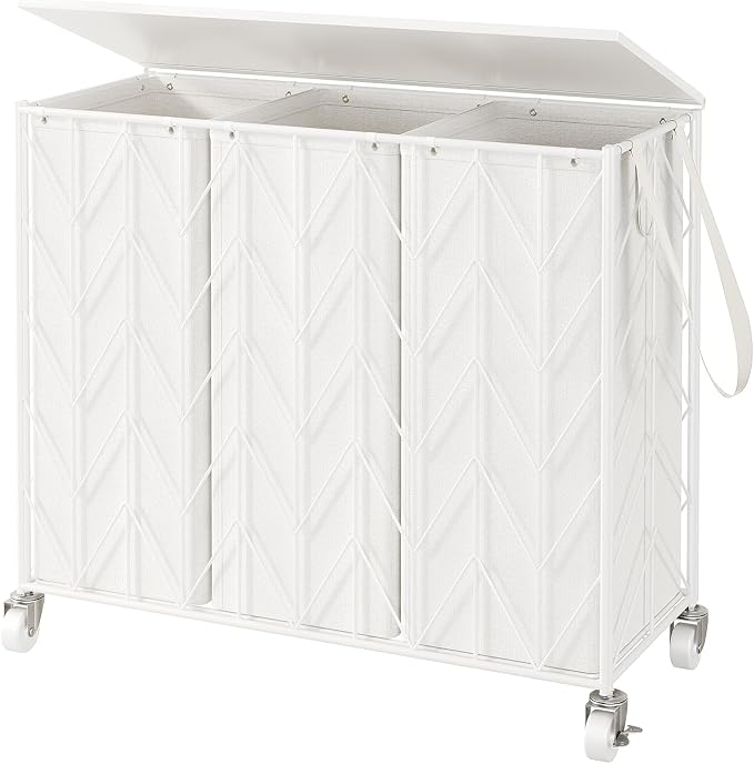 WOWLIVE Laundry Hamper 3 Section with Lid, 142L Laundry Basket with Wheels | Rolling Dirty Clothes Hamper with Removable Bags, Large Iron-Made Laundry Basket Organizer Laundry Sorter for Dorm, White by WOWLIVE