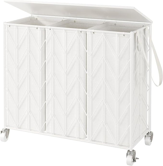 WOWLIVE Laundry Hamper 3 Section with Lid, 142L Laundry Basket with Wheels | Rolling Dirty Clothes Hamper with Removable Bags, Large Iron-Made Laundry Basket Organizer Laundry Sorter for Dorm, White by WOWLIVE