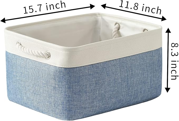 TcaFmac Storage Bins for Organization - Large 3 Pack Canvas Storage Basket for Shelves with Handles, Collapsible Baskets for Organizing for Closet Dog Laundry (White & Blue16x12x8 inch) - Image 6