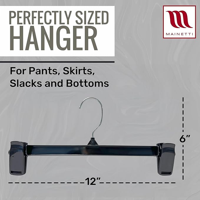 12in Black Plastic Pants Hangers with Non-Slip Clips (20 Pack) | Space-Saving Black Plastic Hangers, Non-Slip Clips & 360 Swivel Metal Hook, Closet Hangers for Pants, Skirts, Slacks & Shorts - Image 2